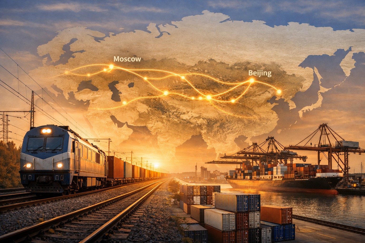 Banner image with Eurasia map, rail logistics or trade route